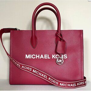 New Michael Kors Mirella Medium Pebbled Leather Tote Bag Dark Raspberry
